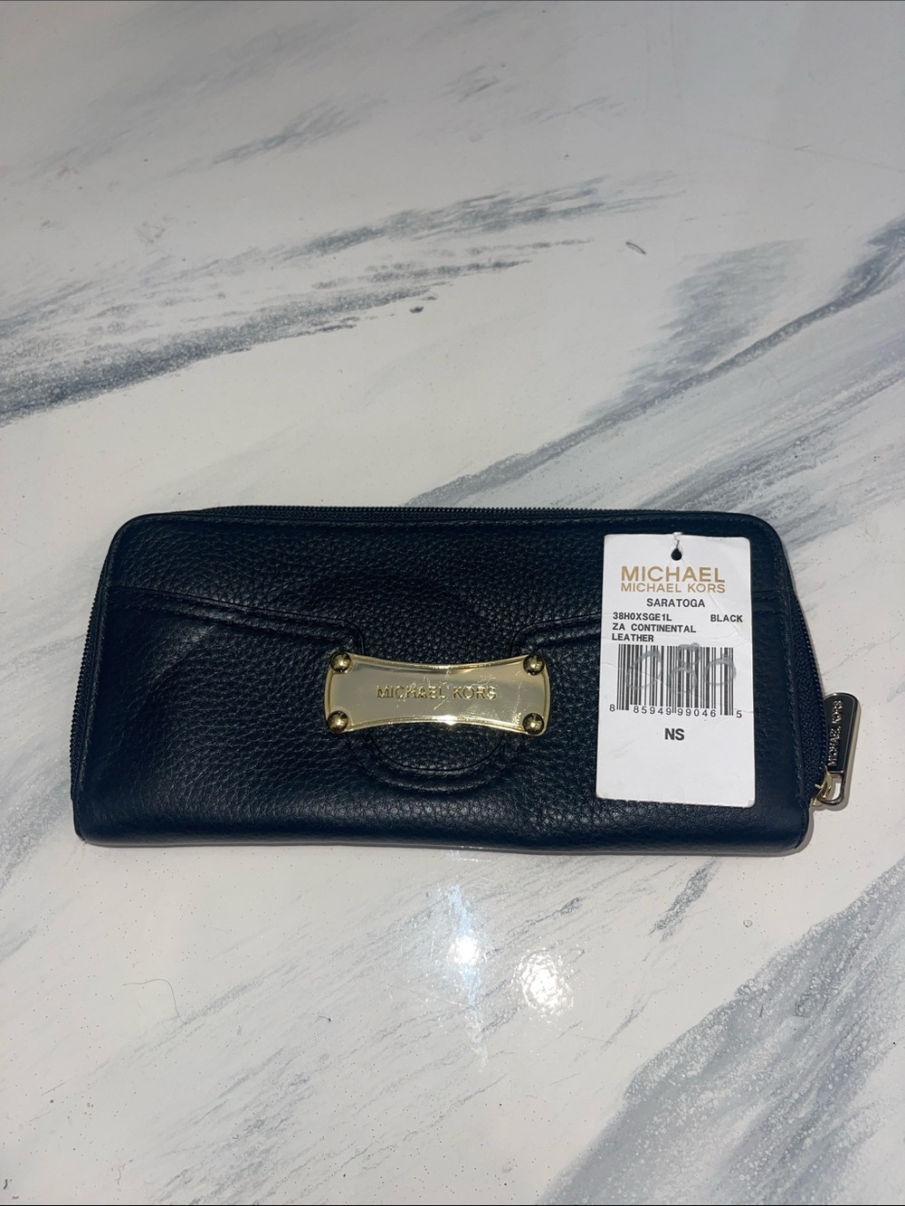 Michael Kors Black Saratoga Wallet Pebbled Leather Zip-Around Wallet with Gold